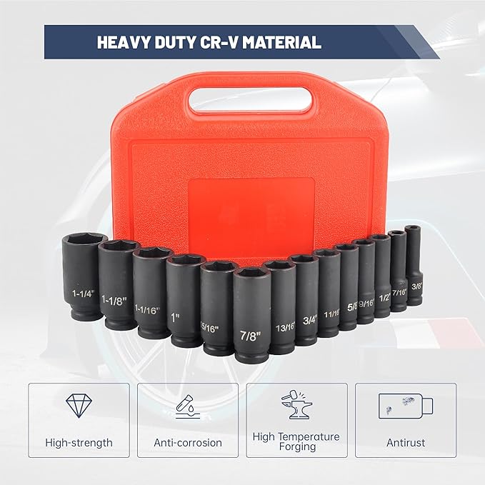 1/2" Drive 6 Point Deep Impact Socket Set 14 Piece 6 Point Impact Set Standard Impact Socket Set,SAE Sizes,CR-V(3/8-Inch to 1-1/14")