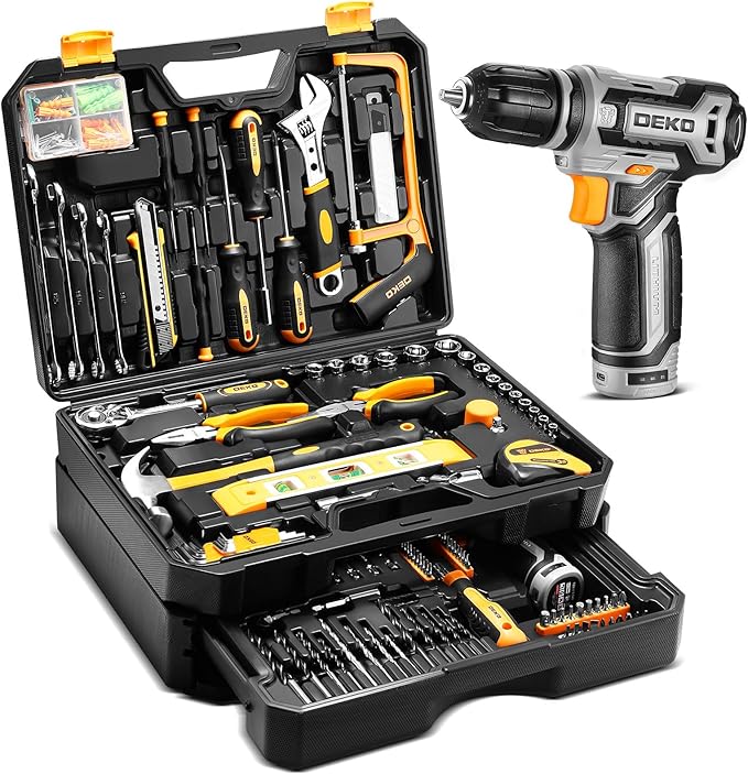 Tool Kit Box Drill Set:DEKOPRO Home Mechanic Toolbox with 12V Power Cordless Drill Hand Repair Tools Sets Combo Kits Storage Organizer Drawer Case for Men