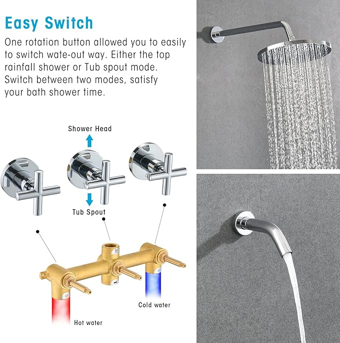 PROOX 3 Handle Tub Shower Faucet Set, 10" Rainfall Shower Head with Tub and Shower Trim Kit with Rough-in Valve, Polished Chrome Bathtub Shower Faucets, Wall Mounted Bathroom Rain Shower System