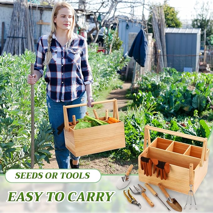 Remerry 8 Pcs Garden Tools Set with Basket Wood Stainless Steel Gardening Hand Tool, Pruning Shears, Gloves, Garden Caddy Harvest Basket Gardening Gifts Planting Supplies for Women Men