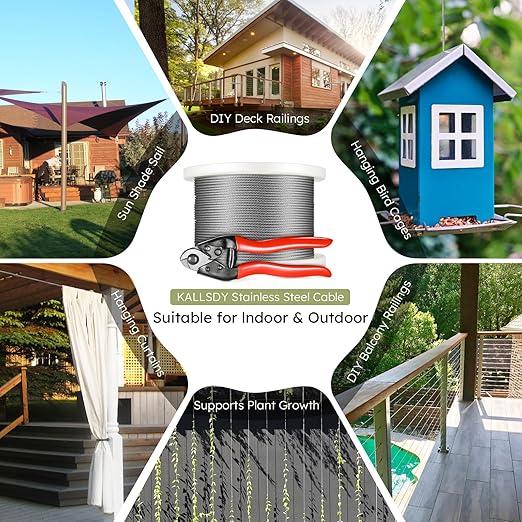 500FT 1/8" T316 Stainless Steel Cable, Wire Rope Aircraft Cable for Deck Cable Railing Kit and DIY Balustrades, 7x7 Strands Construction, Comes with a Cutter