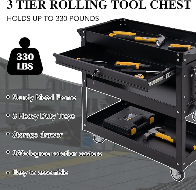 Rolling Tool Cart with Wheels, 3 Tier Black Tool Box Tool Chest with Drawers Universal Lockable Wheels, Utility Service Cart Adjustable Shelf and Locking Mechanism, for Workshop, Repair Shop
