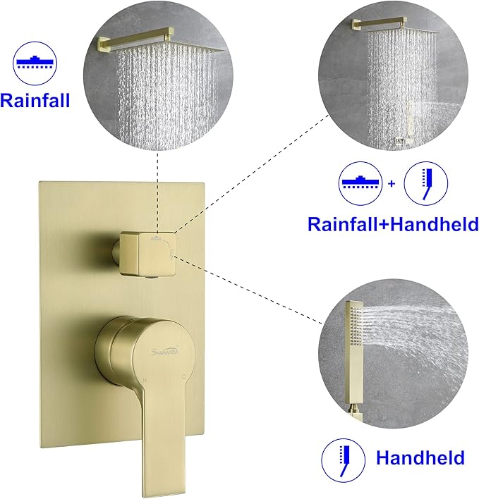 SHAMANDA Brass Rainfall Shower System, Luxuly Bathroom Shower Faucet Combo Set Brushed Champaign Gold(Including Rough-In Valve Body and Trim), L7001-3