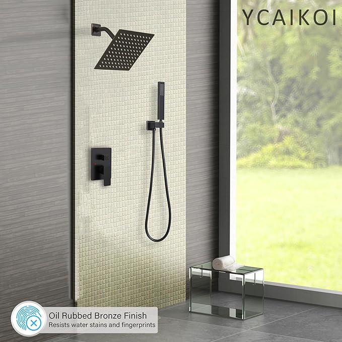 Oil Rubbed Bronze Shower System, 8 Inch High Pressure Rain Shower with Handheld, Wall Mount Shower Faucet Set for Bathroom, Rough-in Valve Body and Trim Included