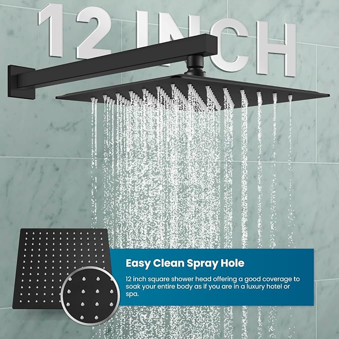 gotonovo Shower System with Tub Spout,Waterfall Tub Shower Faucet Set for Bathroom Head and Handle Set Wall Mounted 3 Function Rough-in Valve and Trim Included 12 inch Shower Head Matte Black