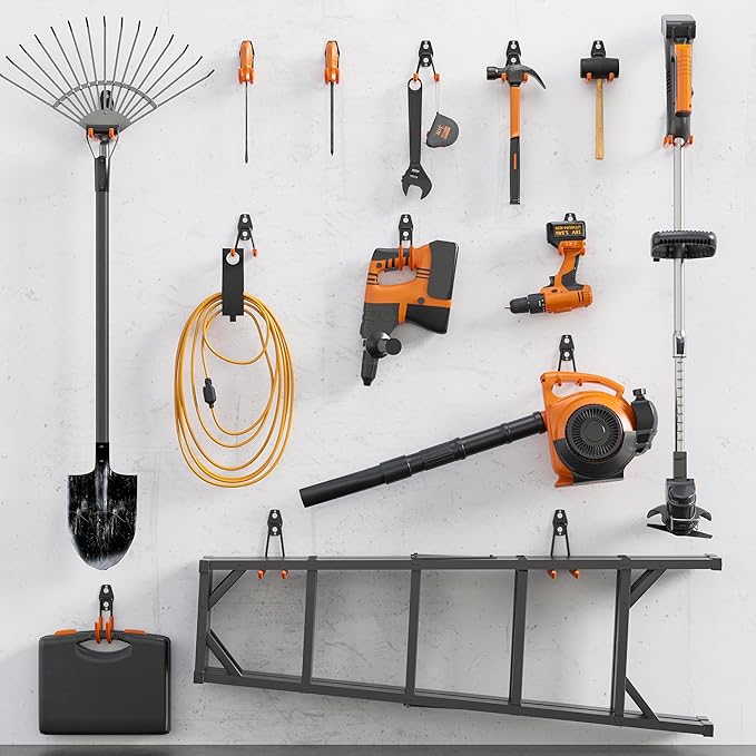 BONTEC 16 Pack Heavy Duty Garage Hooks, Steel Wall Mount for Garage Organization, Ladder & Bike Hooks, Garden Hose Holder, Tool Hangers, for Home, Workshop & Storage (Orange)