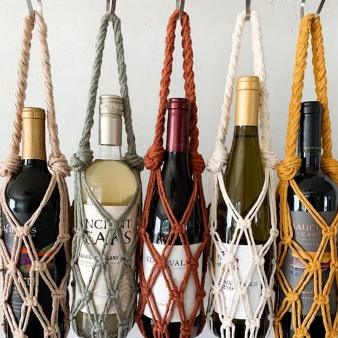 Hand-woven wine storage bag, Bohemian wine hanging bag, Bottle bag, Tote bag, 26 inch (Wine Storage Bag White + Red)