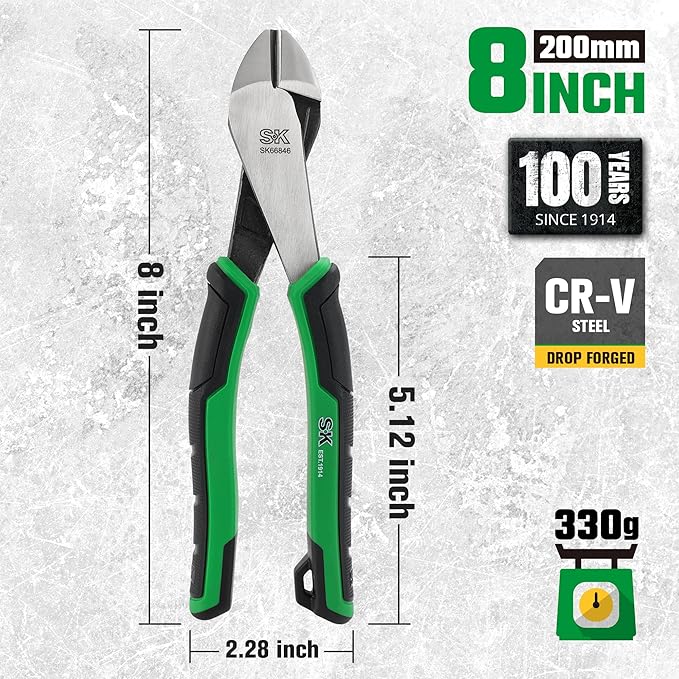 SK 8-Inch Diagonal Pliers, Premium CR-V Steel Construction, Ergonomic Anti-slip Handle for Comfortable Grip
