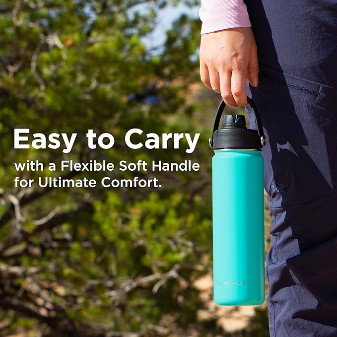 ThermoProof Hot & Cold Insulated Stainless Steel Water Bottle, Durable Leak Proof Gym Bottles for Men, Women & Kids, Double Walled Vacuum Bottles - 2 Lids (Mint, 22oz)