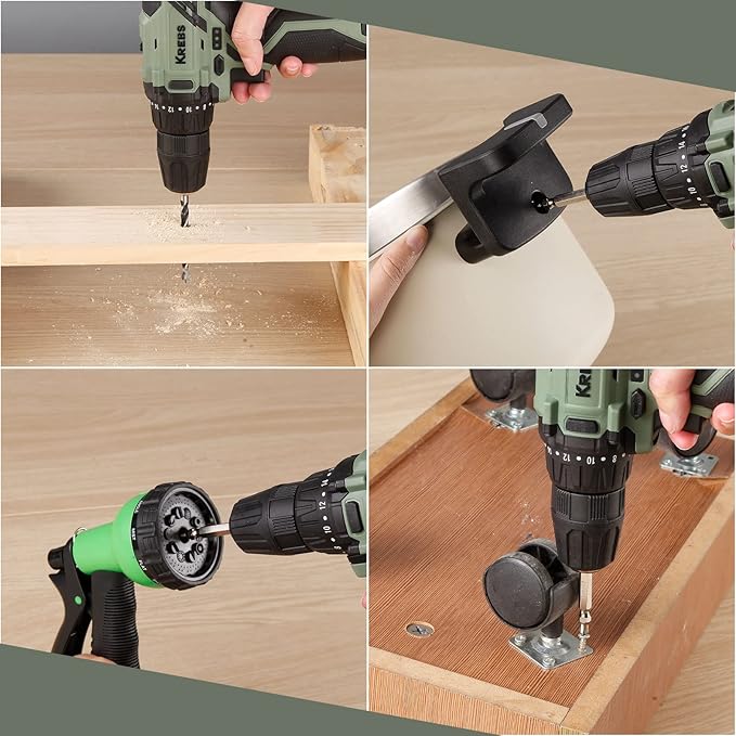 KREBS 12V Cordless Drill Set with 1.5Ah Battery & Fast Charger, 3/8-Inch Keyless Chuck 245 In-lbs 2 Variable Speed 18+1 Torque Setting with LED Electric Drill