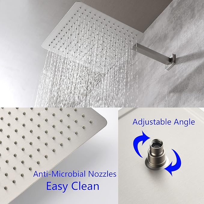 SHAMANDA Bathroom Rain Shower System, 12 Inch Luxuly Shower Head and Handheld Shower Faucet Combo Set Brushed Nickel(Including Rough-In Valve Body and Trim), Wall Mount, L7001-2