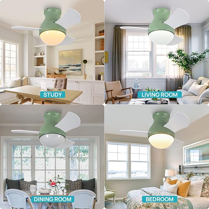 Ceiling Fan with LED Lights Flush Mount Low Profile Ceiling Fan with Remote Control 3 Plywood Fan Blades Small Ceiling Fan with Green Reversible DC Motor for Bedroom Living Room