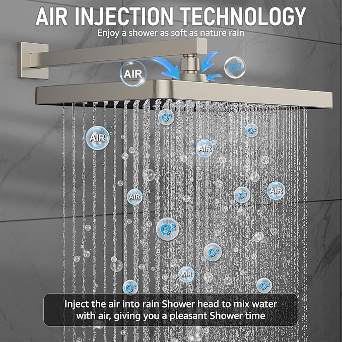 Iriber Thermostatic Shower System Wall Mount with Adjustable Water Flow Push Button Diverter,13 Inch Nickel Rectangle Rainfall Shower Head and Handheld,Brushed Nickel