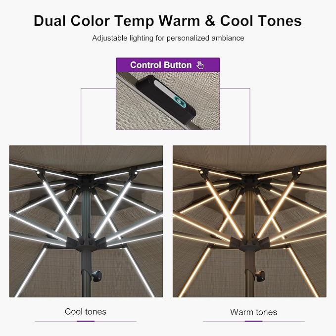PURPLE LEAF 10 FT Semi-Auto Outdoor Patio Umbrella with Base Market Table Sun Umbrellas with Led Lights and 8 Aluminum Sturdy Ribs for Backyard Deck Garden Pool(Gray Pole Beige Canopy)