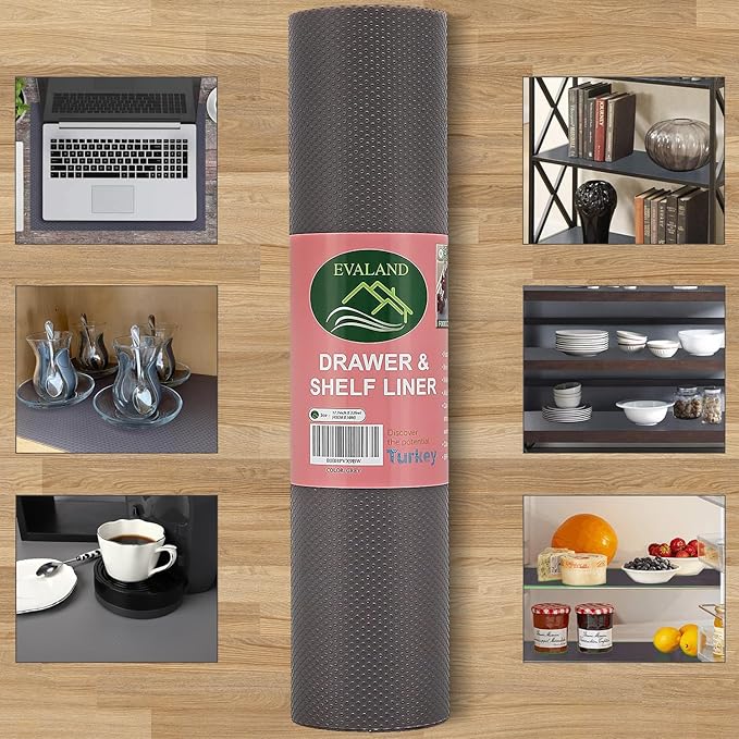 EVALAND 12 INCHES x 33 FEET (394 Inches) Non-Slip Shelf Liner, EVA Kitchen Liner, Non-Adhesive Liner, Smooth Drawer Liner, Durable Strong Grip Liner, Stain-Proof Shelf, Cabinet Liner, Grey