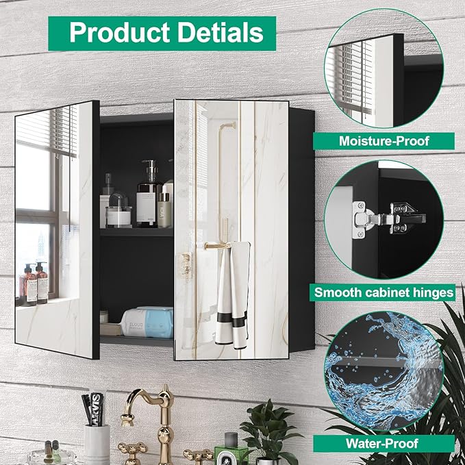 32 x 24 Farmhouse Medicine Cabinet, Tempered Frameless Bathroom Mirror with Storage, Black Recessed or Surface Mount Aluminum Medicine Cabinet for Bathroom Modern