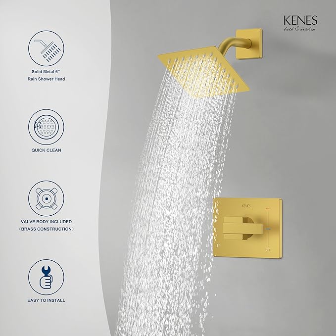 KENES Modern Brushed Gold Shower Faucet, Square Shower Trim Kit with Single-Spray Stainless Gold Rain Shower Head, Shower Trim Systems Wall Mount, KE-6025B-4 (Shower Valve Included)