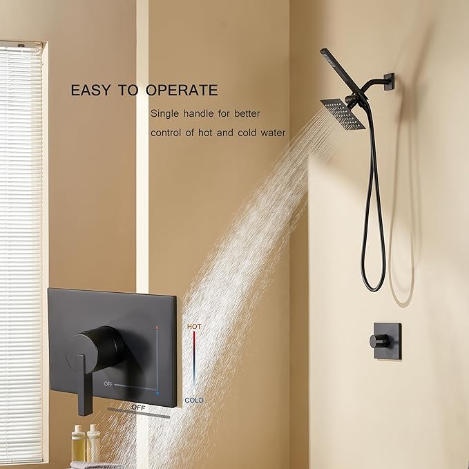 Black Shower Head and Handle Set, Shower Faucet Set Dual Shower Heads with Handheld Spray Combo, All Metal 6" Dual Shower Head Combo and 3-Way Diverter, Black Shower Faucet Set with Valve