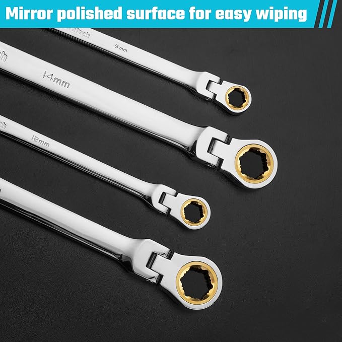 DURATECH 14 * 15 mm Extra Long Anti-Slip Flex-Head Ratcheting Wrench, Metric, CR-V Steel