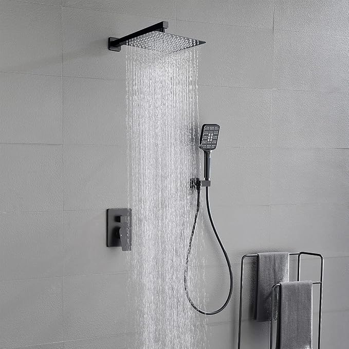 Shower Faucet Set Matte Black Shower System with 10 Inches Stainless Steel Rainfall Shower Head Pressure Balance Rough-in Valve Trim Kit Shower Fixture Combo Set,6012B