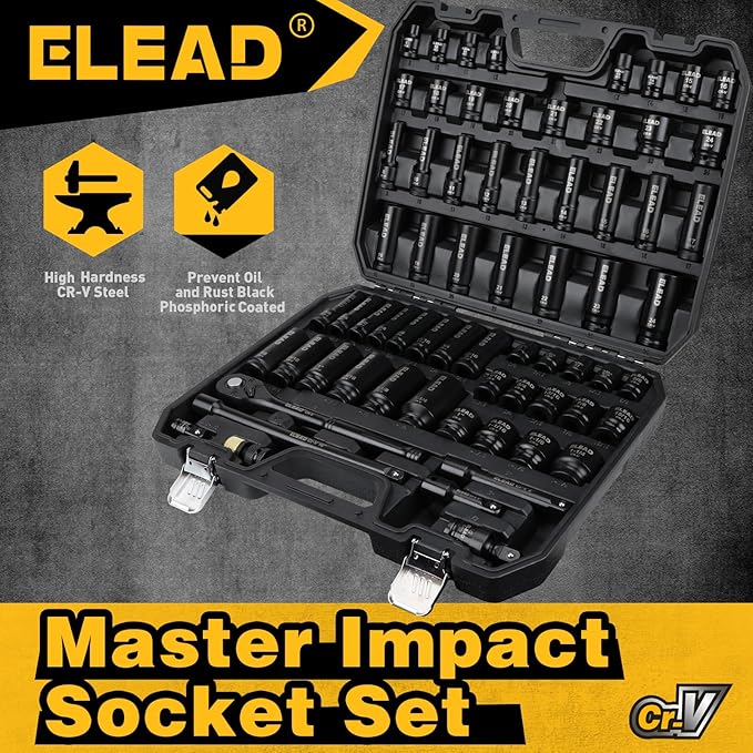 ELEAD 67 Piece 1/2" Drive Deep Impact Socket Set: Standard SAE (3/8"-1-1/4") & Metric (8-24 mm), Including 3 ", 5", 10" Extension Bar, Universal Joint, Ratchet Handle and Adapter
