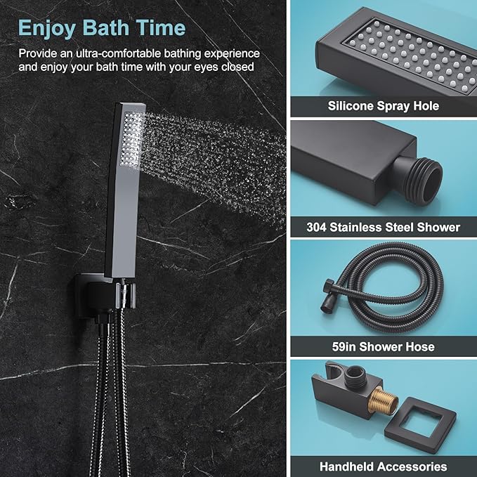 Matte Black Shower Head and Handle Set 10 Inch, Rain Shower Head with 2 Hooks, Luxury Rain Shower Set Square Wall Mount for Bathroom with Rain Shower and Handheld Shower System