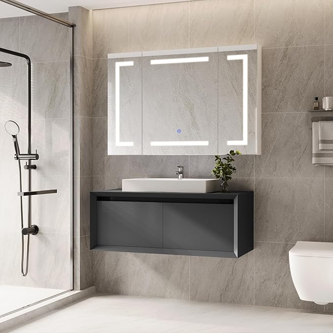 Hasuit Lighted Medicine Cabinet with Mirror, Wall Mounted Bathroom Mirror with Storage, 3 Doors Bathroom Wall Cabinet with LED Lights, 39.4'' x 23.6''