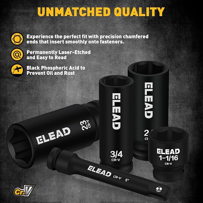 ELEAD 67 Piece 1/2" Drive Deep Impact Socket Set: Standard SAE (3/8"-1-1/4") & Metric (8-24 mm), Including 3 ", 5", 10" Extension Bar, Universal Joint, Ratchet Handle and Adapter