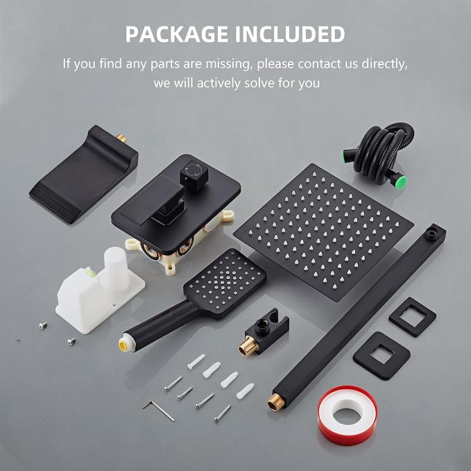 Shower Faucet Set Complete Matte Black Shower System with 12 inch Square Rainfall Shower Head 3-Function Handheld Shower Waterfall Bathtub Spout Rain Shower Combo Set Bathroom Wall Mounted