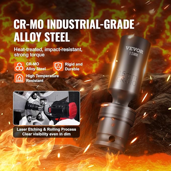 VEVOR 14PCS Universal Impact Socket Set - 3/8" Drive Deep Metric 10-19mm 6 Point - Swivel Socket with Flexible Wobble, CR-MO, Metric, Storage Case