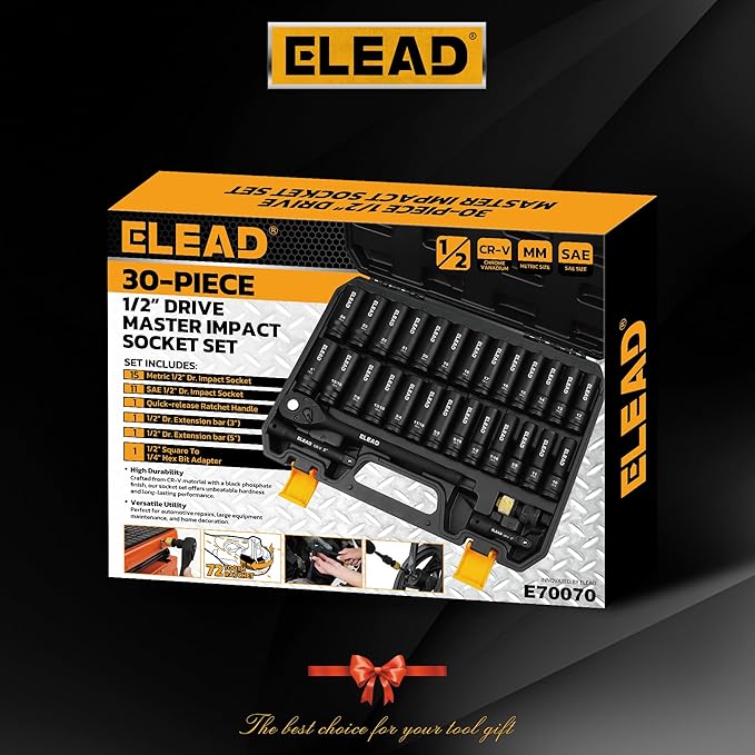 ELEAD 1/2" Drive Deep Impact Socket Set: 30-Piece Standard SAE (3/8 to 1 Inch) and Metric (10-24mm) Size, 3" and 5" Drive Extension Bar, Ratchet Handle, Bit Adapter, CR-V Steel for Auto Repair