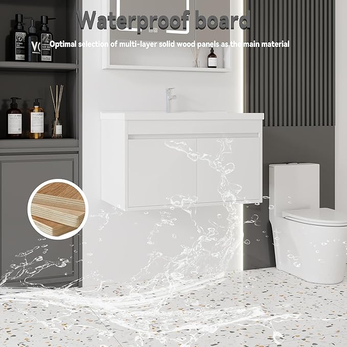 32'' Bathroom Vanity with Ceramic Sink Combo, Wall Mounted Small Bathroom Vanity with Soft-Close Door Modern Floating Cabinet, Pop-up Drain, P-Trap Included, White(No Faucet)