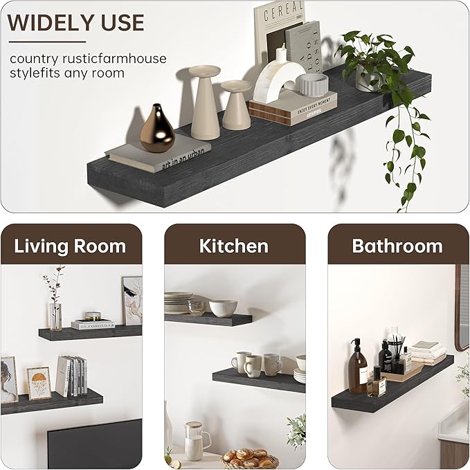 Floating Shelves for Wall, USA-Sourced Fir Wood 36 Inch Wall Shelves Set of 2, Natural Rustic Solid Wooden Floating Shelves Wall Mounted, Nursery Book Storage Shelf, Display Shelf for Bathroom