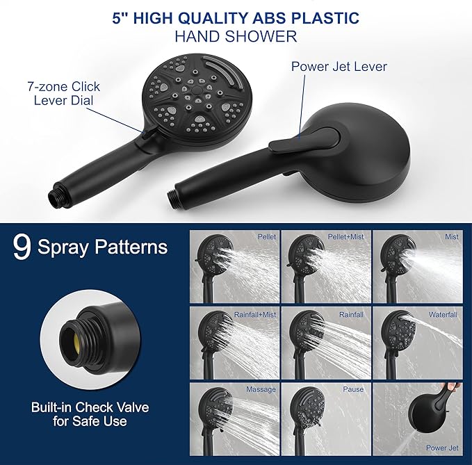SHAMANDA Luxury Tub Shower Faucet Set with Round-in Valve, Wall Mounted Shower System with Waterfall Tub Spout and 6-Setting Rain Shower Head with 9-Setting Handheld, Matte Black, L8083-7