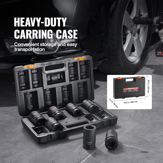 VEVOR 1" Drive Impact Socket Set, 8 Piece Deep Socket Set Metric 27-41mm, 6 Point Cr-Mo Alloy Steel for Auto Repair, Easy-to-Read Size Markings, Rugged Construction, Includes Storage Case