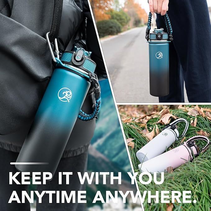 GOSWAG Insulated Sports Water Bottle, 24oz 2 Lids(with Straw/No Straw), Stainless Steel Water Bottles with Paracord Handle, Insulated Thermos with Double-Wall Vacuum Insulation