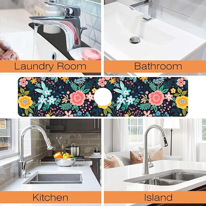 Kitchen Faucet Mat Bright Colorful Flowers Kitchen Sink Splash Guard Faucet Mat,1 PC Splash Guard Behind Faucet Drip Catcher for Kitchen,Dish Drying Mat,Bathroom Faucet Mat 23.5""X5.5""