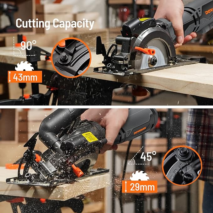 Circular Saw, 5.8A 4-1/2" Circular Saw w/Laser, Metal Auxiliary Handle, 6 Blades (4½", 4¾"), Cutting Depth 1-11/16" (90°), 1-3/8" (45°), Ideal for Wood, Soft Metal, Plastic, Tile - MCS01A