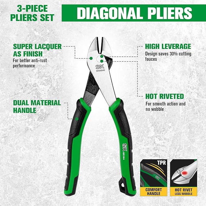 SK 3-Piece Pliers Set, 9.5-Inch Linesman, 8-Inch Diagonal & Needle Nose Pliers, Premium CR-V Construction, Ergonomic Anti-slip Handle, with Rolling Pouch