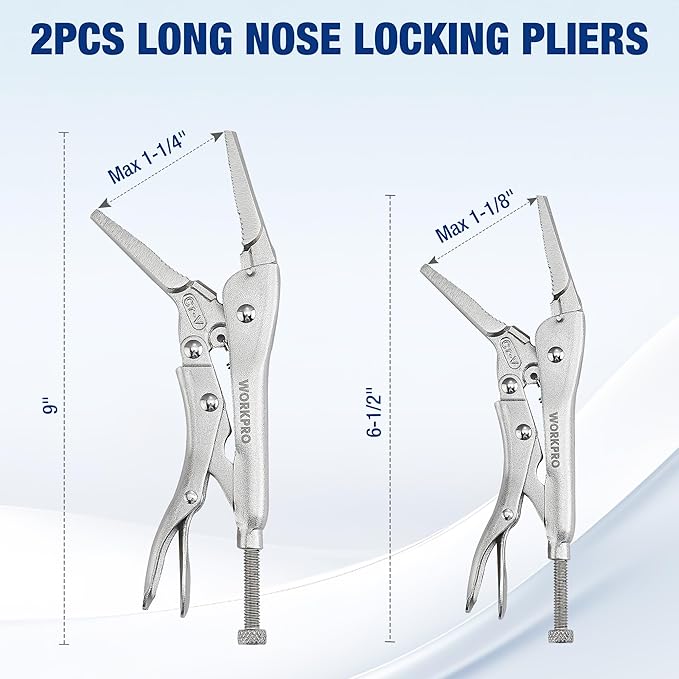 WORKPRO 5-Piece Locking Pliers Set, Pliers Tool Set, Vice Grips with Chrome-vanadium Steel, 5/7/10 inch Curved Jaw Pliers, 6.5/9 inch Long Nose Pliers