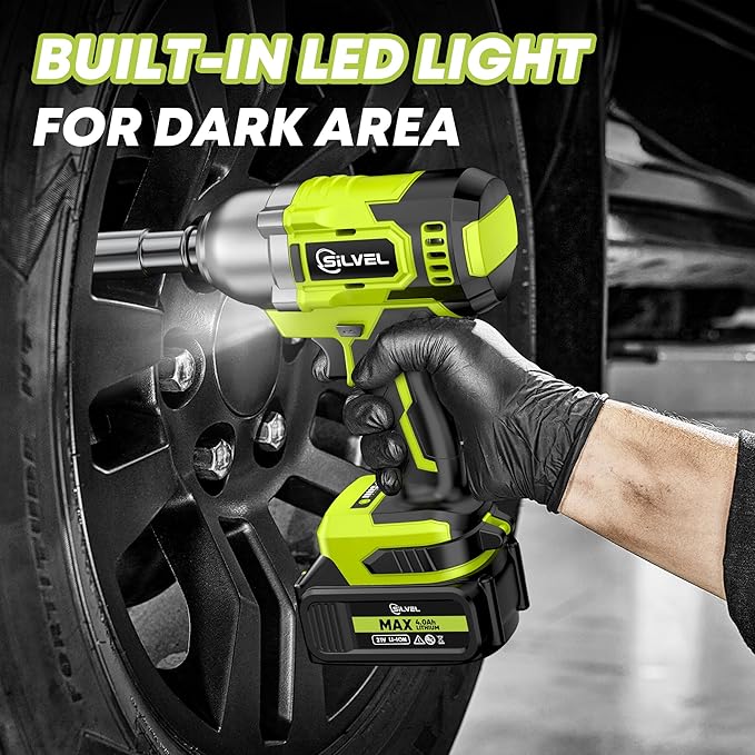 SILVEL Cordless Impact Wrench, MAX 650N.M Brushless Impact Gun 1/2 inch, 2 * 4.0Ah Battery, 6 Sockets, 3300RPM Impact Driver wih Fast Charger