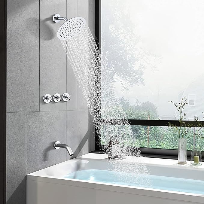 PROOX 3 Handle Tub Shower Faucet Set, 8" Rainfall Shower Head with Tub and Shower Trim Kit with Rough-in Valve, Polished Chrome Bathtub Shower Faucets, Wall Mounted Bathroom Rain Shower System