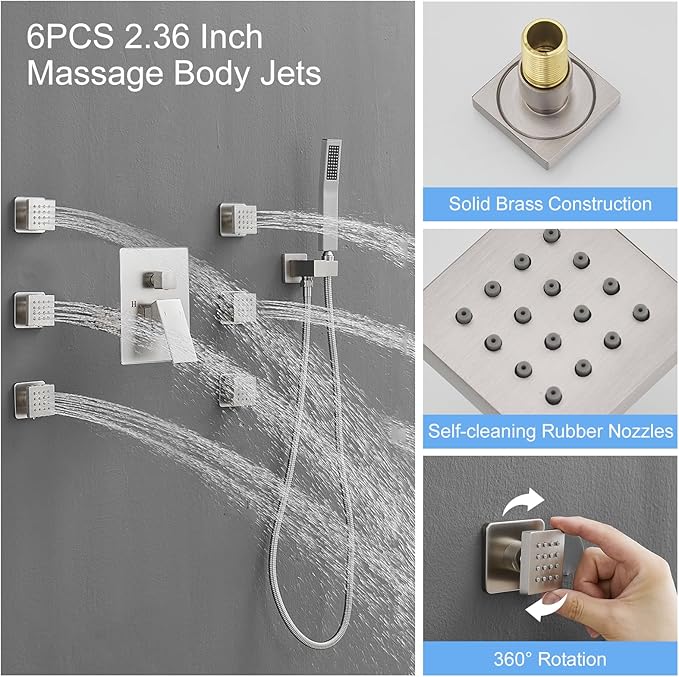 BWE Brushed Nickel Shower System with Body Jets,10 Inch Rain Shower Head,with 6 Body Spray Jets and Handheld Shower,Wall Mounted Shower Faucet Set,Rough-in Mixer Valve and Trim Included