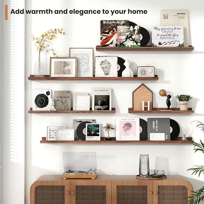 Fun Memories Picture Ledge Shelves Set of 2, 24 Inch Rustic Wall Mounted Floating Shelves with Lip for Home Storage and Décor in Bathroom, Kitchen, Nursery, Bedroom, Living Room, Walnut