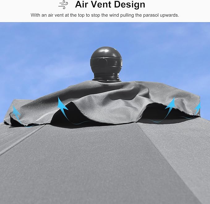 PURPLE LEAF 8' Round Patio Umbrella Outdoor Table Umbrella Aluminum Frame Market Umbrella Sun Umbrella with 8 Sturdy Ribs & Tilt for Garden Deck Lawn & Pool Gray