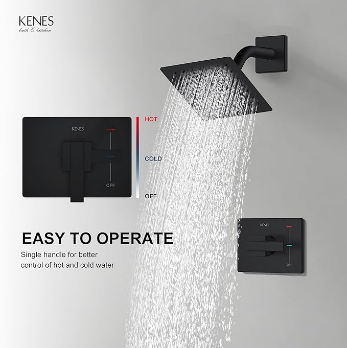 KENES Matte Black Shower Faucet, Shower Trim Kit with Single-Spray Stainless Black Rain Shower Head, Shower Trim Systems Wall Mount, KE-6025B-2 (Shower Valve Included)