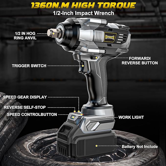 Cordless Impact Wrench 1/2 inch Compatible with DeWalt 20v Battery, 1000Ft-lbs(1360N.m) High Torque Impact Driver with 4-Modes, LED Work Light, Brushless Electric Impact Gun Car/Truck/Mower(Bare Tool)