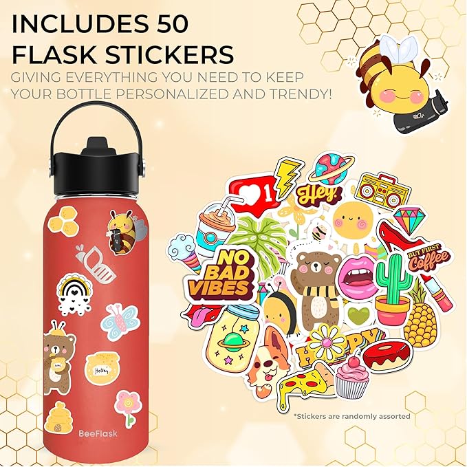 Sports Water Bottle - 32 Oz, 3 Lids (With straw), 50 Cute Stickers, Vacuum Insulated, 308 Stainless Steel, with a Portion of Sales Supporting Bee Conservation Efforts (Watermelon)