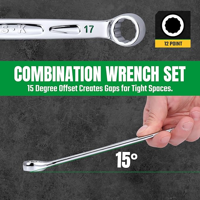 SK Combination Wrench Set, SAE 5/16" to 3/4", Metric 8, 10, 12, 13, 14, 15, 17, 19mm, 16-Piece, SuperKrome Finish, Premium CR-V Construction, with Rolling Pouch
