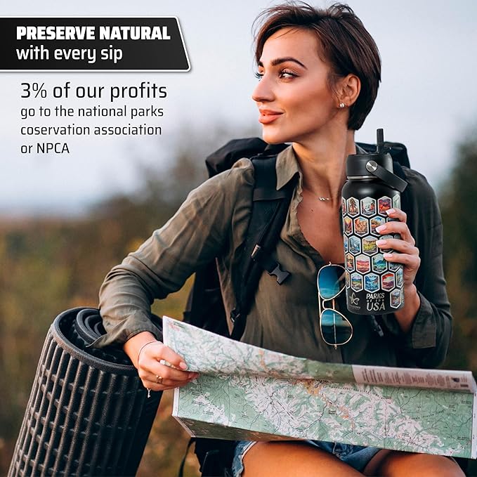 National Parks Water Bottle - Engraved Parks of the USA Bucket List Water Bottle - 63 National Park Stickers, Straw, Cleaning Set - Vacuum Sealed Stainless Steel Water Bottle - 32oz (Black)